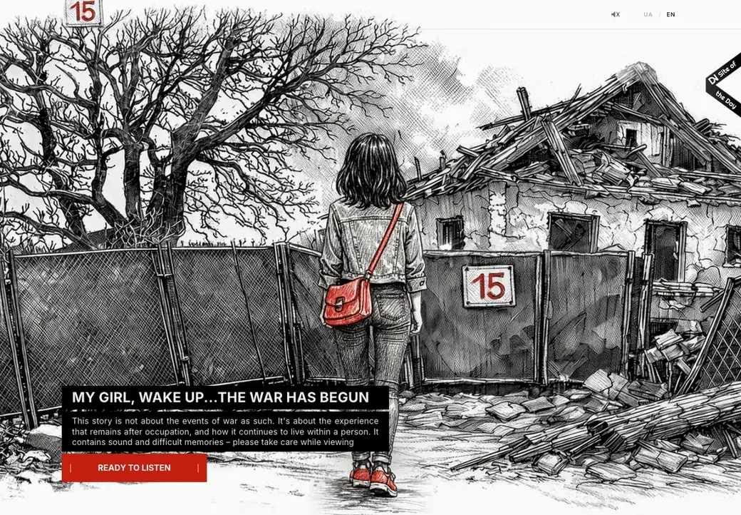The first screen of Ukrainska 15: a girl with a red bag stands at the gate of the ruined house, under the line “My girl, wake up… the war has begun” and a Ready to listen button
