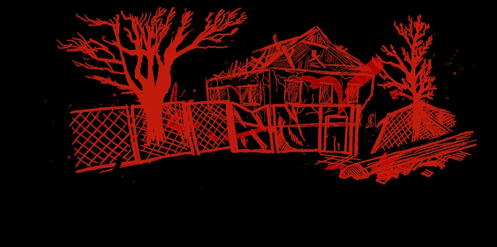 A sketch of the damaged house, the fence and the trees, drawn in red on black