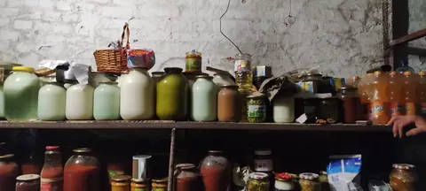 Shelves of preserves in the cellar – jars of pickles, tomatoes and jam against a whitewashed wall.