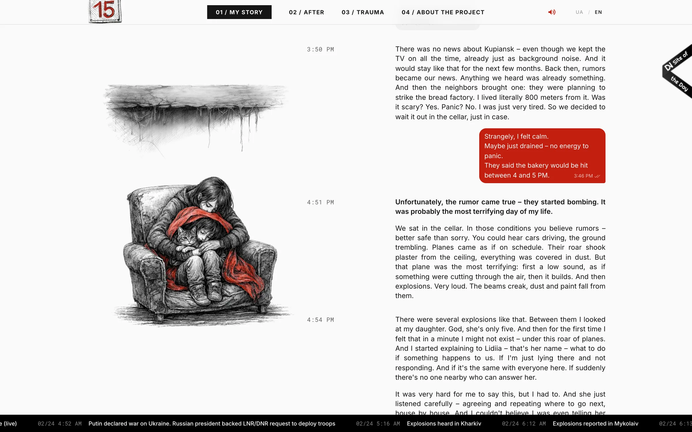 An illustration of an armchair in the basement beside the family's messages
